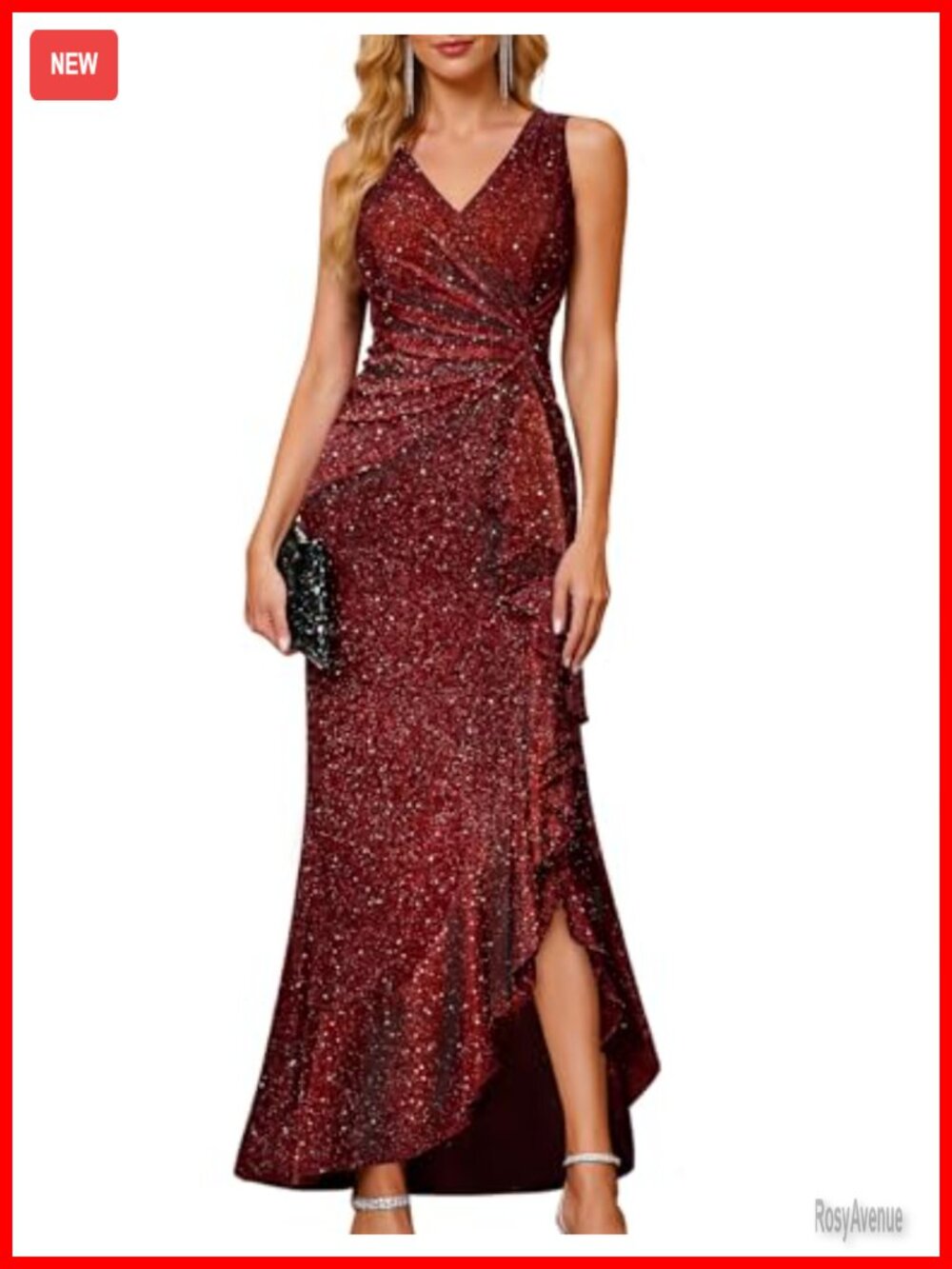 Sequin Formal Long Ruffle Dress V-Neck Backless Midi Gown